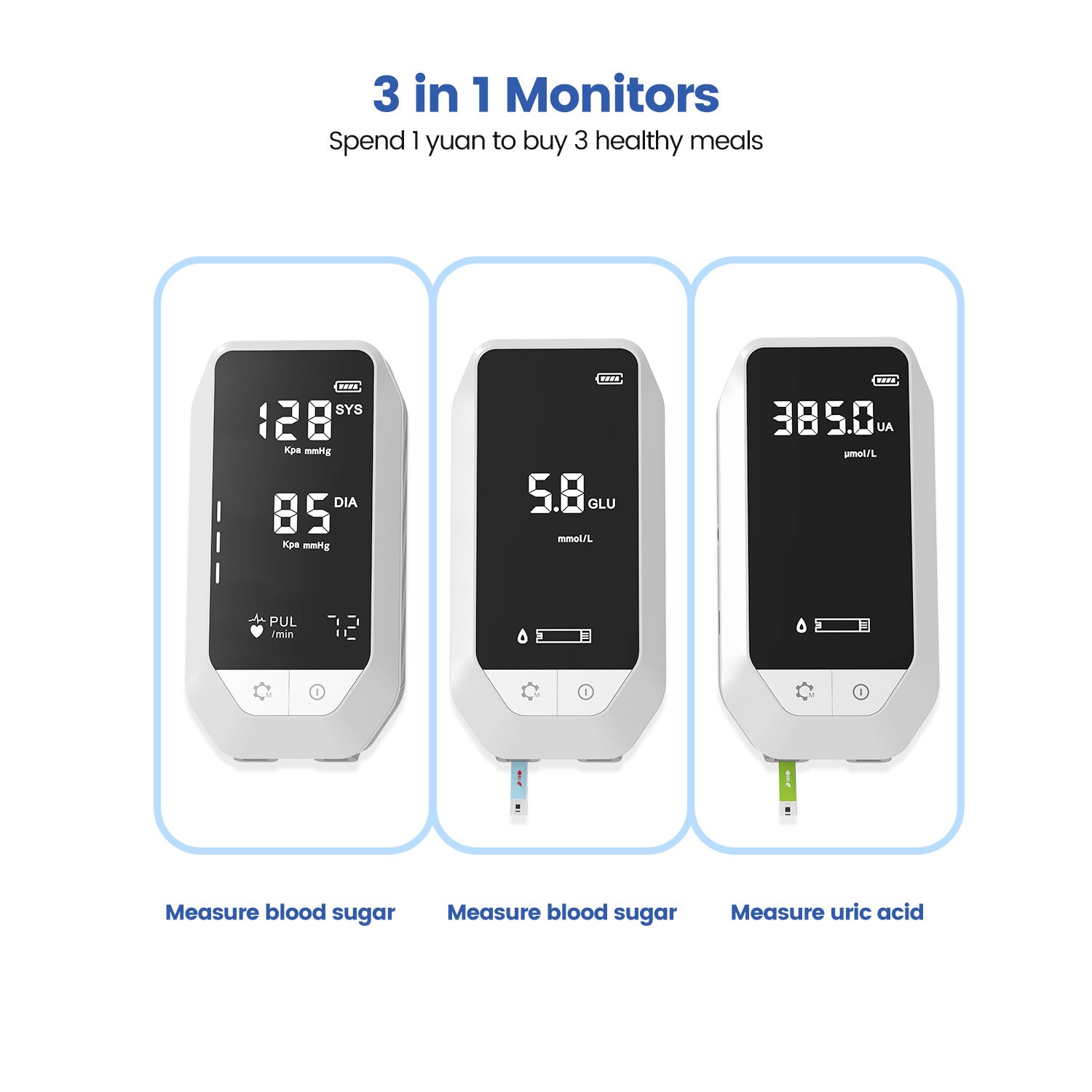 Blood Glucose Meter Blood Pressure Monitor Uric Acid Test 3-in-1 Multi-functional Household All-in-One Machine - MediWillow Blood Glucose Meter Blood Pressure Monitor Uric Acid Test 3-in-1 Multi-functional Household All-in-One Machine