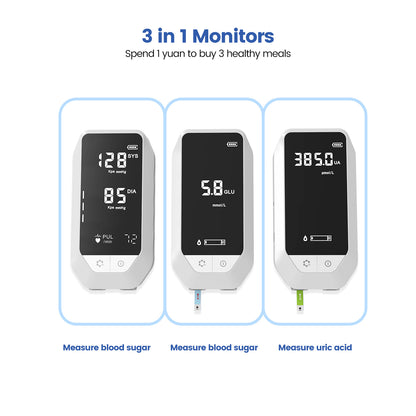 Blood Glucose Meter Blood Pressure Monitor Uric Acid Test 3-in-1 Multi-functional Household All-in-One Machine - MediWillow Blood Glucose Meter Blood Pressure Monitor Uric Acid Test 3-in-1 Multi-functional Household All-in-One Machine