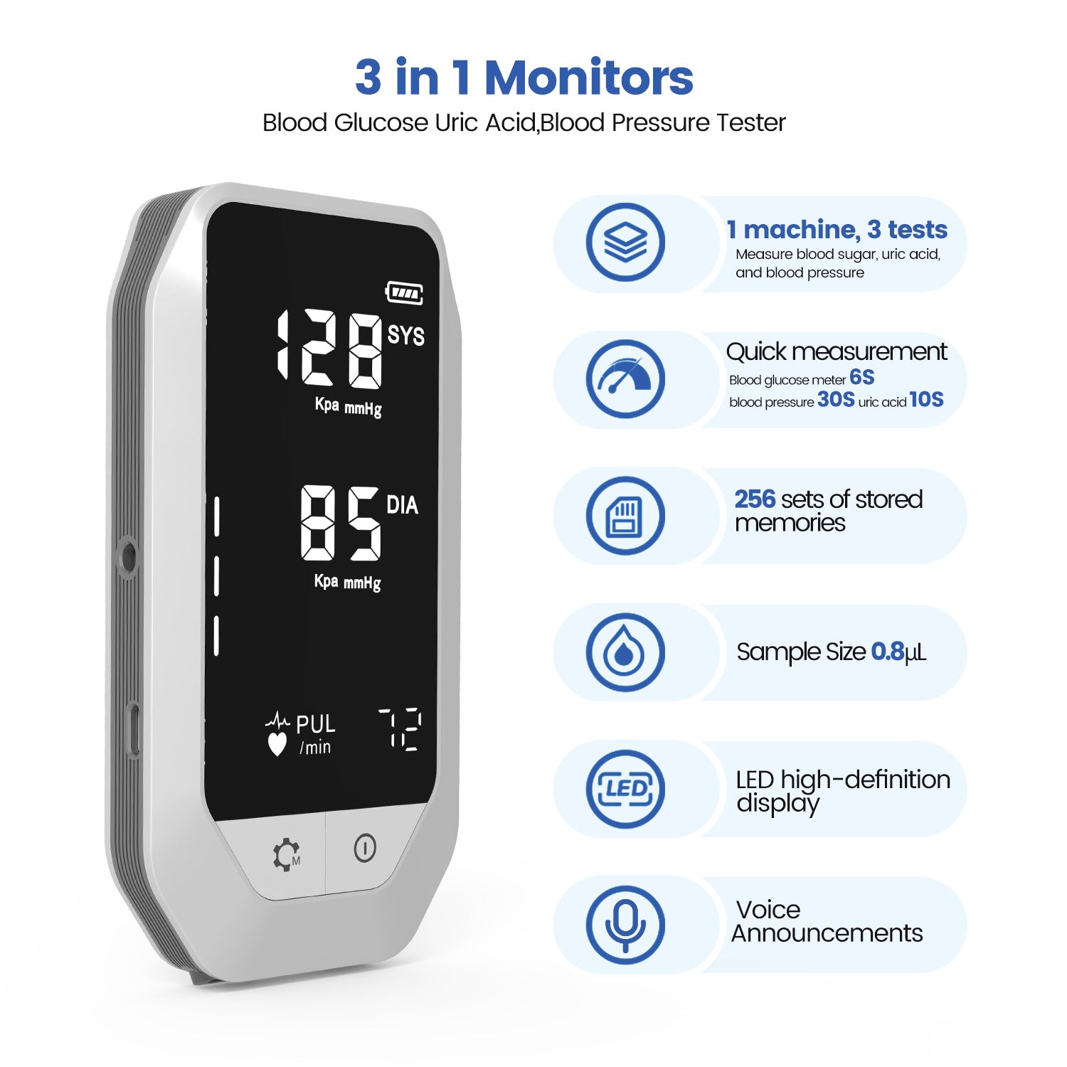 Blood Glucose Meter Blood Pressure Monitor Uric Acid Test 3-in-1 Multi-functional Household All-in-One Machine - MediWillow Blood Glucose Meter Blood Pressure Monitor Uric Acid Test 3-in-1 Multi-functional Household All-in-One Machine